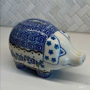Polish Pottery 5" Piggy Bank - Rare Pattern, Made in Poland